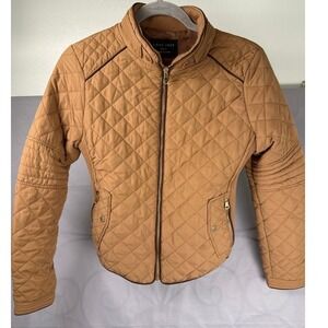 Love Tree Quilted Bomber Jacket Camel Brown Women's S Ribbed Collar Zip Pockets